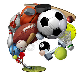 棒垒球在草地上安装娱乐体育和休闲设备配有足球篮高尔夫足排和羽毛以白色背景与3D插图元素隔离背景