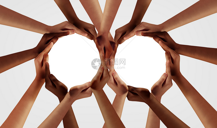 团结和多样伙伴关系作为团结和多样伙伴关系的亲手组成了一各式样的人组成了支助圈的两个团队作为相互联系的团队合作和结的象征图片