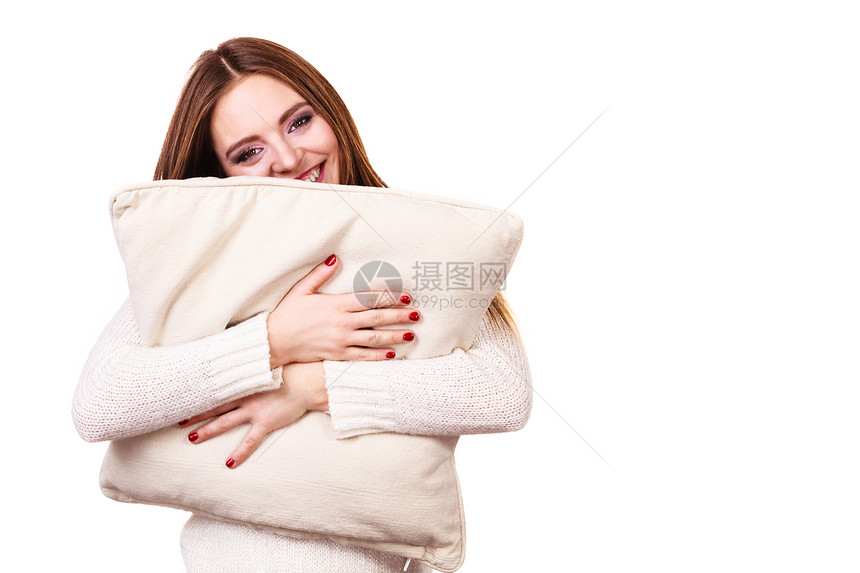 快乐的微笑女士拿着枕头健康平衡的睡眠概念微笑的女士拿着枕头图片