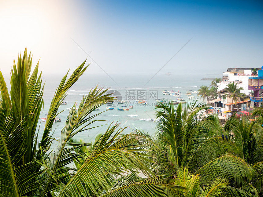 海洋热带岛屿上棕榈树顶部和小城镇的美丽照片海洋热带岛屿上棕榈树顶部和小城镇的美丽图像图片