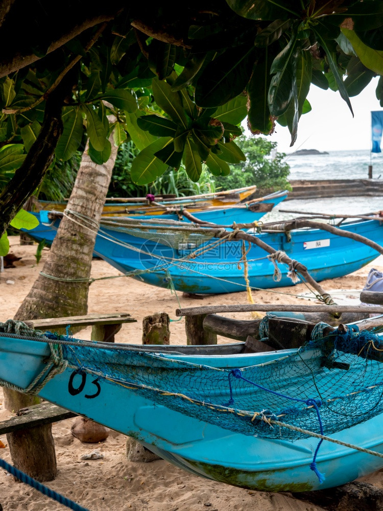 斯里兰卡传统渔船在海滨的景象很美图片