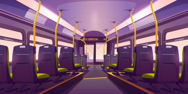 公交车内部空公交车装有椅子扶手和窗户的内地火车插画