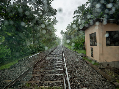 照片来自热带雨后丛林森旧铁路的湿窗背景图片