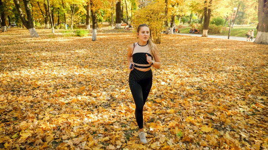 美丽的年轻女子在秋季公园跑步和训练图片