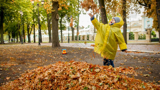 快乐的小男孩穿着雨衣在公园里接落叶图片