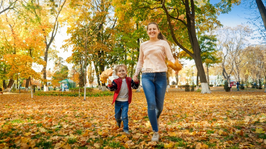快乐家庭与小男孩在秋天公园摇晃的肖像图片