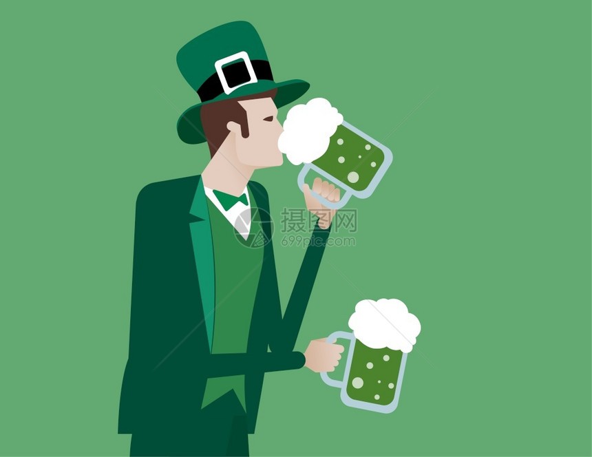圣帕特里克和尔斯柯日人正在持有和饮用绿色啤酒概念文化节庆祝活动矢量插图图片