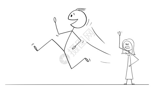 矢量卡通插图描绘快乐微笑的男人或丈夫在跑步和离开妻子或时快乐微笑的男子或丈夫在跑步和从女人或妻子跑动时的概念插图背景图片