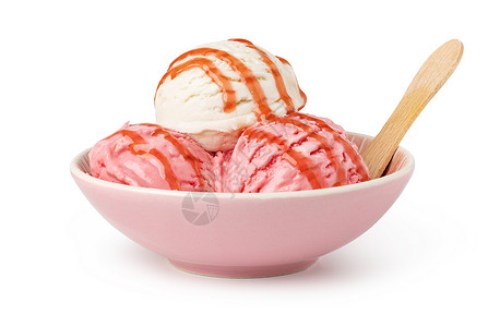 白色背景的香草和草莓冰淇淋球图片
