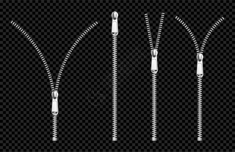 创意拉链装有拖拉机服硬件配的金属拉链银或钢的金属银或钢用透明背景的现实3d矢量说明设置的打开或紧锁隔的服装插画