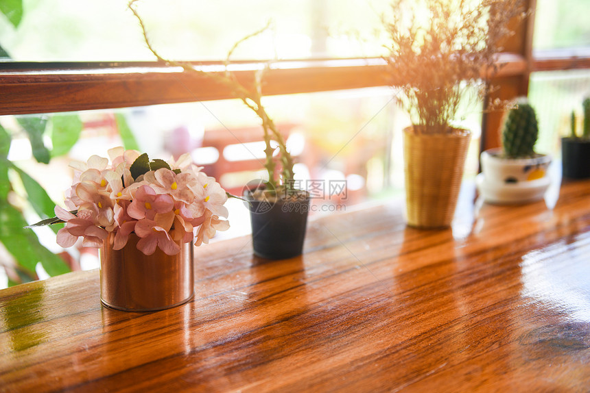 温光木制桌和家居植物图片