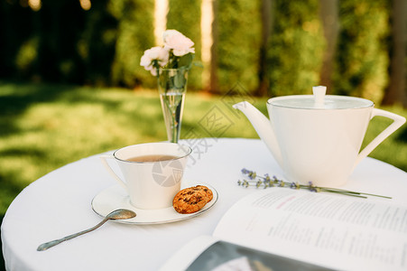 餐桌布置有糖果的浪漫茶会无任何人的浪漫茶会白桌布上的奢华银器户外餐桌具夏季草地的婚礼庆祝活动有糖果的茶会无晚背景图片