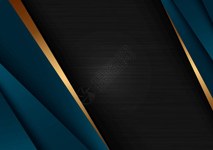 黑底蓝奢侈品的抽象模板带有几何三角形和金条纹线图片