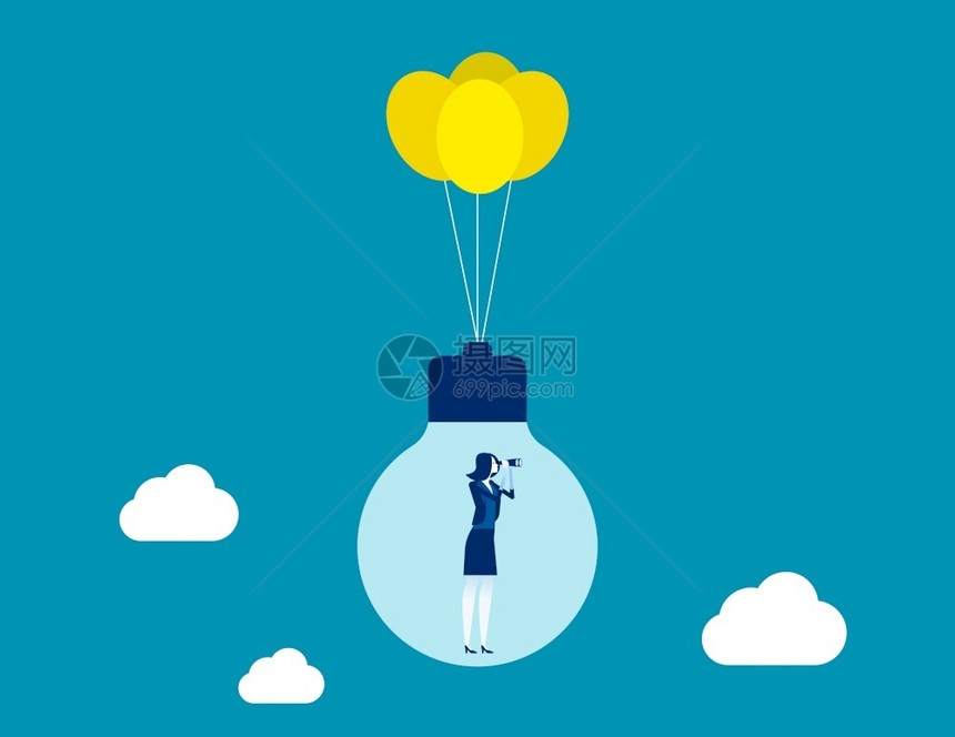 商业女人乘气球和搜索飞行图片
