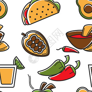 墨西哥食物玉米饼和辣椒配有热苏卡西龙舌兰插画
图片