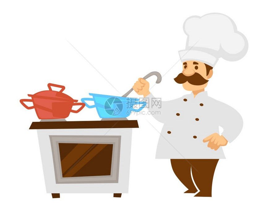 餐饮厅厨师或配有炊具和酱料锅的厨师或与孤立的格矢量烹饪和厨师配有小胡子的厨师在炉灶上混合汤并配有炉具或职业制服和帽子厨师或配有炊图片