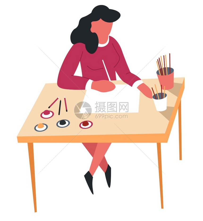 霍比人和艺术妇女用彩色铅笔绘画休闲活动女孩坐在木桌边用纸画消遣和技能发展设备或文具用品妇女铅笔绘画爱好和艺术休闲活动图片