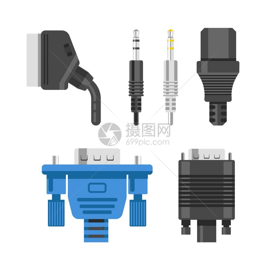 连接电缆和线的音频或视调适器和插头孤立矢量Ethernet网络端口HDMI和DVIRCA电器和技术设备连接金属和橡胶电线图片