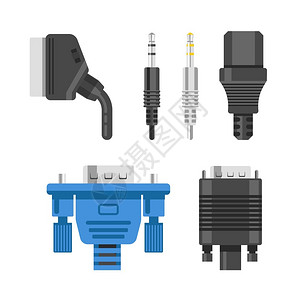 连接电缆和线的音频或视调适器和插头孤立矢量Ethernet网络端口HDMI和DVIRCA电器和技术设备连接金属和橡胶电线插画