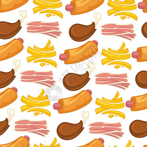 肉腿热狗和炸薯条培根鸡肉快餐无缝模式矢量插画