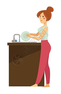妻子厨房洗碗的家庭主妇插画