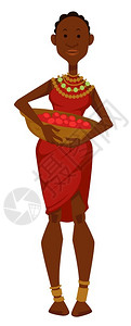 卡通非洲妇女端着装满水果的盆子插画