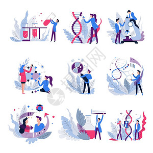 科学家和设备遗传孤立的抽象图标科学矢量瓶和DNA显微镜分子化学试剂液体生物学和化实验室设备插画