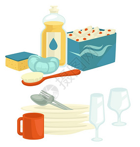 空餐具洗涤干净的盘子和清洁工具或的病媒家用刷子和海绵片用于洗碗机板勺子和叉杯餐具或玻璃和化学工具插画