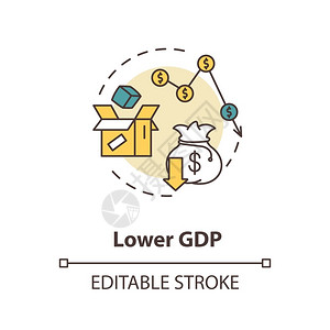 固定资产的折旧低GDP概念图标负失业结果金融损失经济下降社会问题细线插图矢量孤立大纲RGB彩色绘图可编辑的中风插画