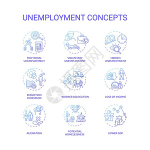 异化失业类型蓝色梯度概念图标设置潜在的无家可归国内生产总值下降经济问题细线RGB彩色插图矢量孤立的大纲图纸失业类型蓝色梯度概念图标设插画