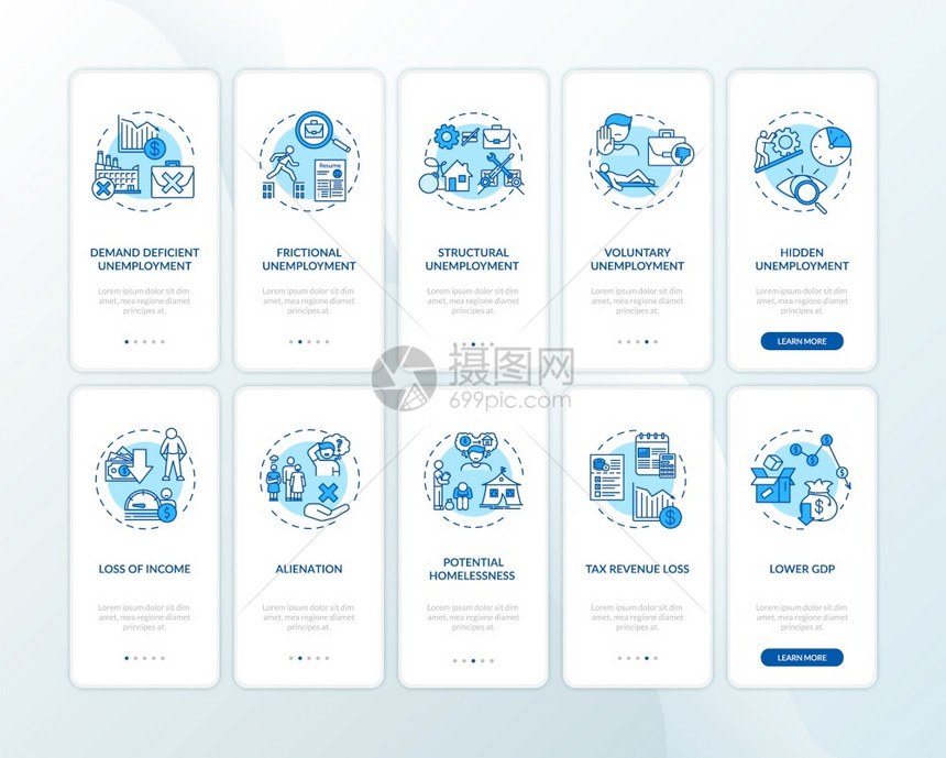 劳动危机类型和后果通过五步图形指示带有RGB颜色插图的UI矢量模板图片