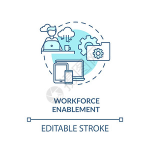 劳动力增强绿松石概念图标IT部门的数字工作空间提高客户满意度细线插图矢量孤立大纲RGB彩色绘图可编辑中风劳动力增强绿松石概念图标插画