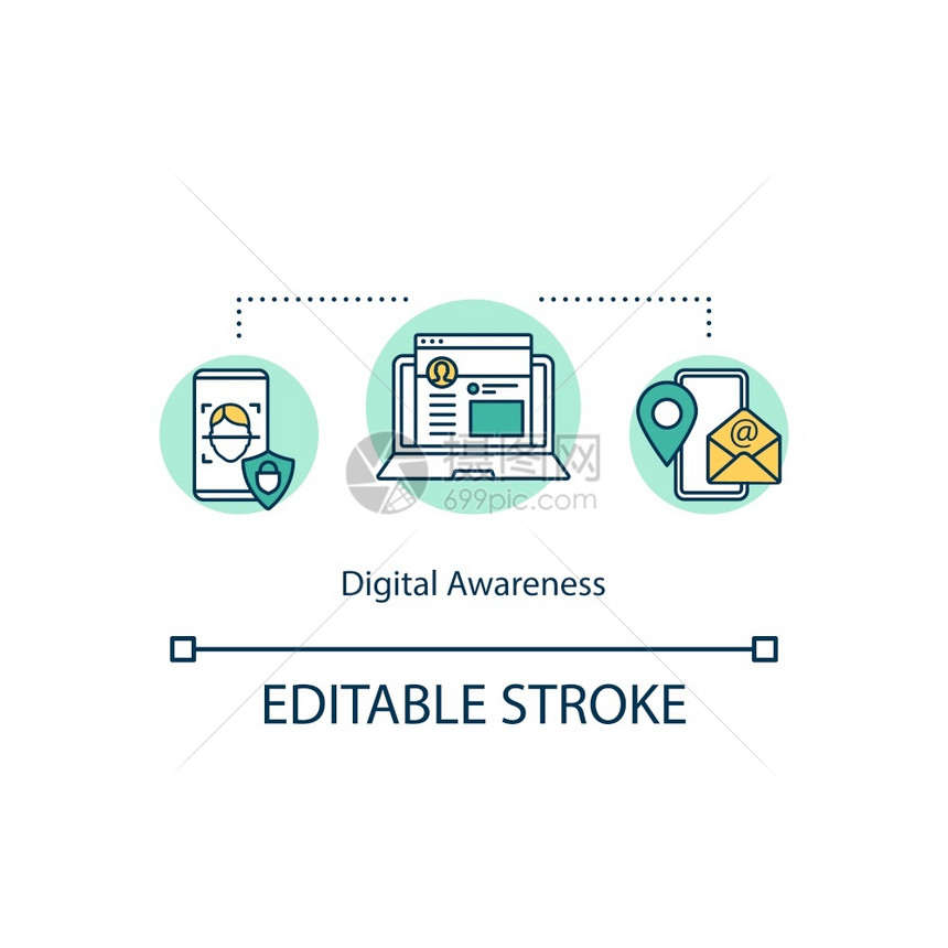 数字意识概念图标在线身份互联网安全通过电子邮件促进管理技术念细线插图矢量孤立大纲RGB彩色绘图可编辑中风图片