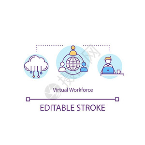 碛弱虚拟劳动力队伍概念图标团队连通公司雇员之间的国际联系弱线插图矢量孤立大纲RGB彩色绘图可编辑的中风虚拟劳动力概念图标插画