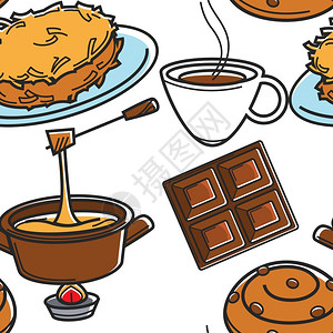 菲罗糕点无缝模式瑞士传统烹饪食品罗丝蒂和奶酪面包巧克力和咖啡插画