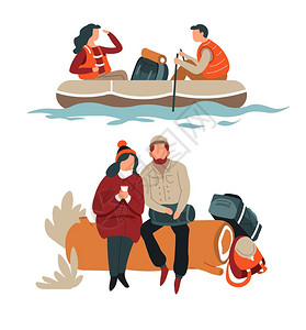 情侣双人徒步登船坐在原木露营和矢量插画图片