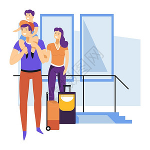 快乐一家人携带行李达到机场矢量插画高清图片