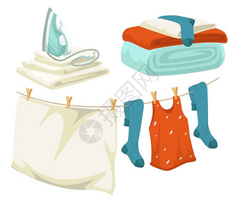 服装洗涤素材毛巾和袜子熨斗插画