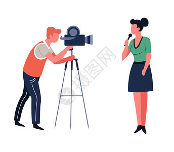 河西走廊纪录片播放主持人或记者和摄影师电视节目或新闻拍摄矢量记者和操作员电视节目播放后台摄像机和有麦克风报道的妇女插画