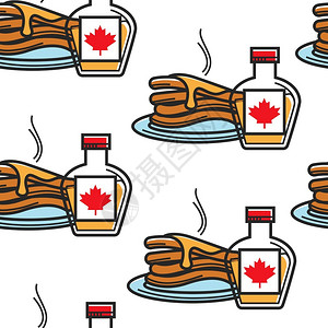 加拿大小麦加拿大早餐煎饼配有糖浆瓶无缝模式插画