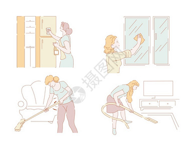 妇女或家庭主清洁务活干用工具洗刷真空清洁工的家具布料客厅和衣物家务或住房背景图片