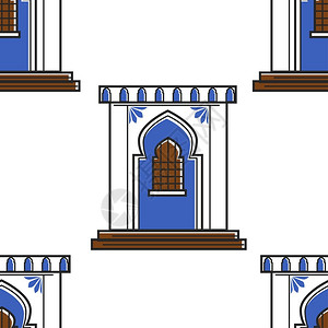 楼栋门口摩洛哥建筑和墙面装饰门或窗纸印刷楼摩洛哥建筑和墙面装饰门或窗无缝模式插画