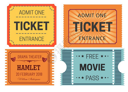 彩色票电影院和剧的入场券或纸质传票游戏电影表演以及娱乐电影录带摄机发挥哈姆雷特戏剧自由出场电影的面具作用发挥哈姆雷特戏剧自由出场面具的插画