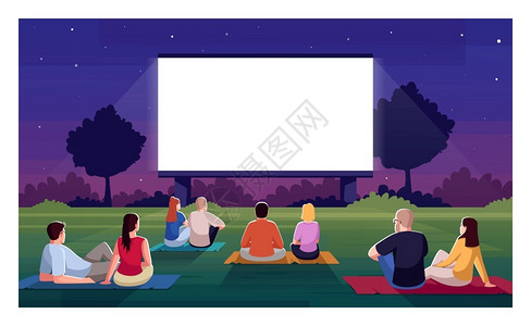 户外屏幕人们坐在草地上看电影矢量插图插画