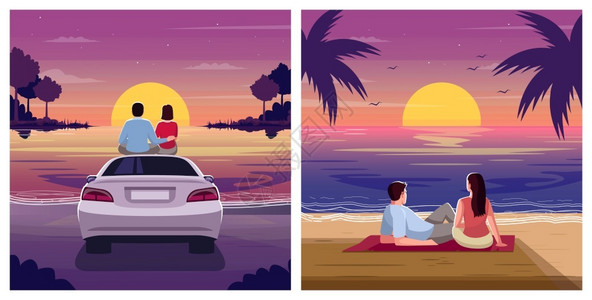 汽车配套一对情侣观看日落半平板矢量插图插画