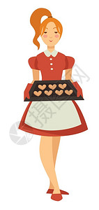 眼见为食以饼干为托盘的家庭主妇女孩用饼干为托盘与孤立的女格矢量妇着装穿围裙的心形糕饼面包制品烹饪食或甜点家庭务和工作与隔离的女格矢量体与插画