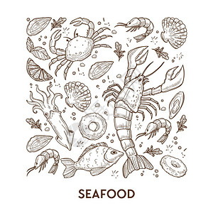 海洋食物素材海产食品素描鱼蟹和龙虾或病媒鱿鱼和鲑牡蛎软糖柠檬片绿餐或咖啡厅菜单盘和水下海洋动物的膳食插画