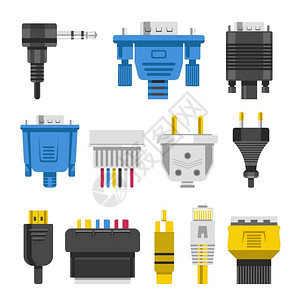 连接电缆和器通电缆和器通矢量音频或视适配器和插头孤立的以太网络端口HDMI和DVIRCA电器和技术设备连接金属和橡胶插画