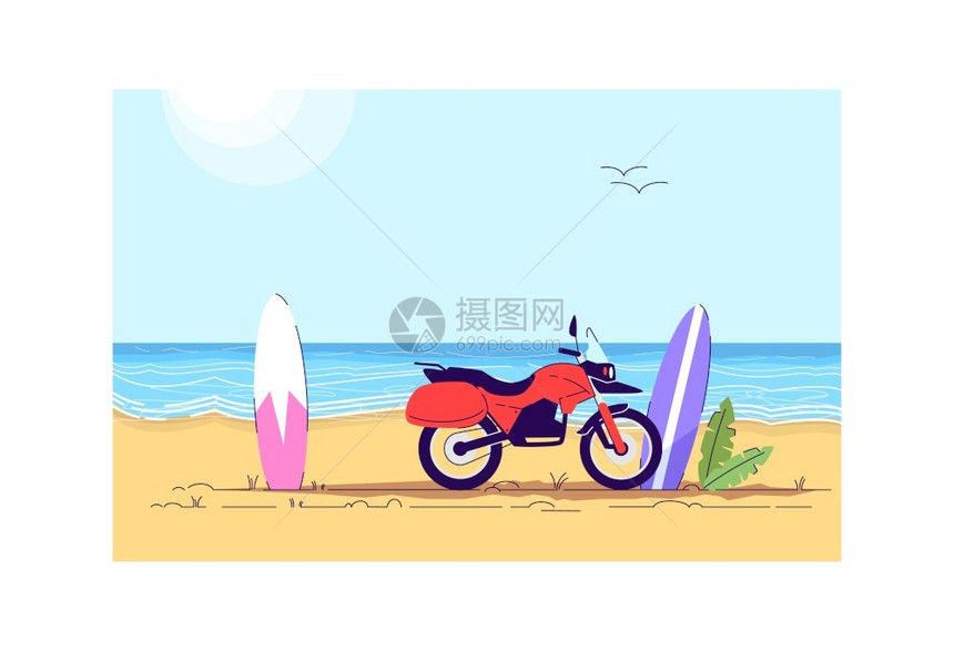 沙滩上的摩托车和冲浪板矢量插画图片