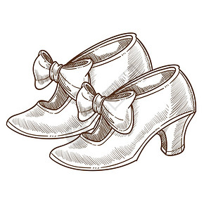 复古鞋女素材旧式的女子脱衣舞鞋孤立的草签弓矢量变异模型旧式的女附属衣物或服装单色绘画的一对时髦插画